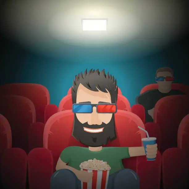 Vector illustration of Hipster watching movie in cinema with popcorn and soda.