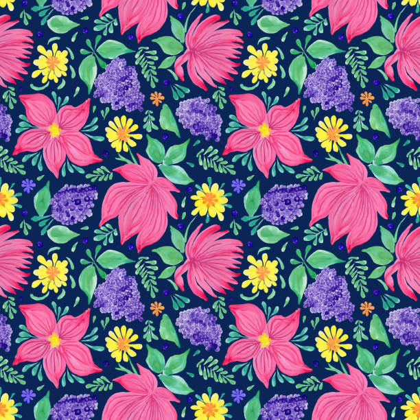 우크라이나 민속 그림 스타일 petrykivka 추상 꽃 완벽 한 패턴입니다. 손으로 그린 판타지 핑크 꽃, 잎, 어두운 인디 고 블루 바탕에 가지. 바 틱, 페이지 채우기, 앨범 표지, 포스터, 섬유 인쇄, 벽지, 포장지 - multi colored floral pattern acrylic painting purple stock illustrations
