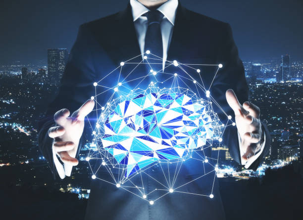 Technology, brainstorm and innovation concept Businessman holding abstract glowing polygonal brain on night city background. Technology, brainstorm and innovation concept. 3D Rendering artificial intelligence consulting companies stock pictures, royalty-free photos & images