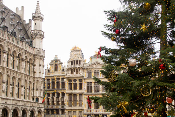 Christmas tree on market in Brussels Belgium