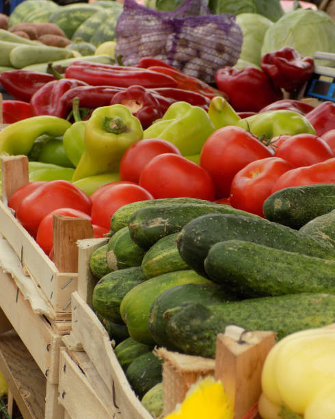 istock peppers, tomatoes and cucumbers on the market stand 828803764