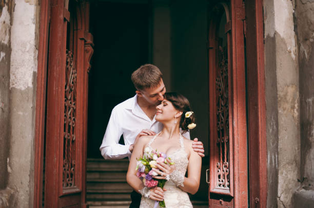 istock Enamored wedding couple for a walk in the yard 828827586