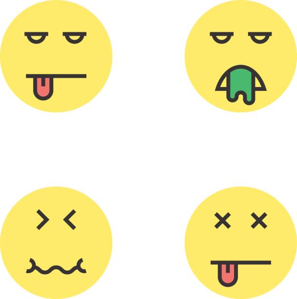 intoxication yellow thin line emoji intoxication yellow thin line emoji. concept of wc, bad diet, puke, fever, poisoning, retching, sad, defecate, tension. flat style trend modern design vector illustration on white background retching stock illustrations