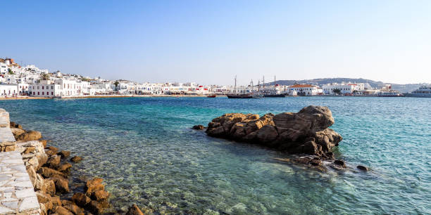 Mykonos printing A look at the harbor of Mykonos aegis stock pictures, royalty-free photos & images