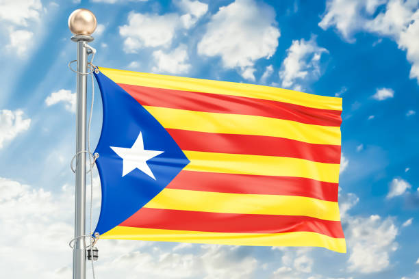 istock Catalonia flag waving in blue cloudy sky, 3D rendering 828906640