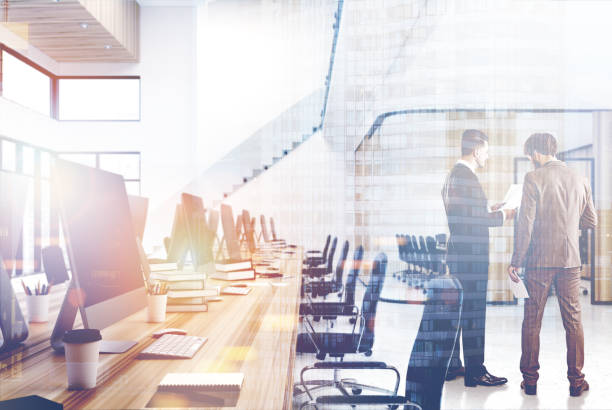 istock Wooden open space office with stairs, double 828914734