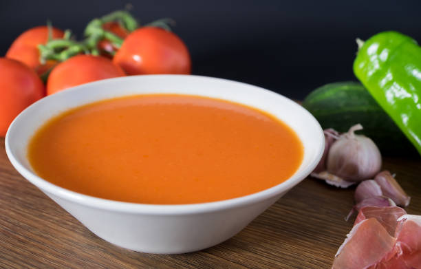 healthy and fresh gazpacho in a bowl to drink in summer - basil tomato soup food and drink imagens e fotografias de stock