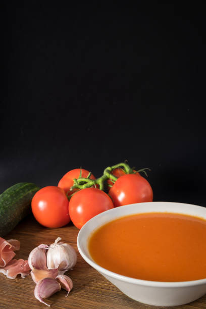 healthy and fresh gazpacho in a bowl to drink in summer - basil tomato soup food and drink imagens e fotografias de stock