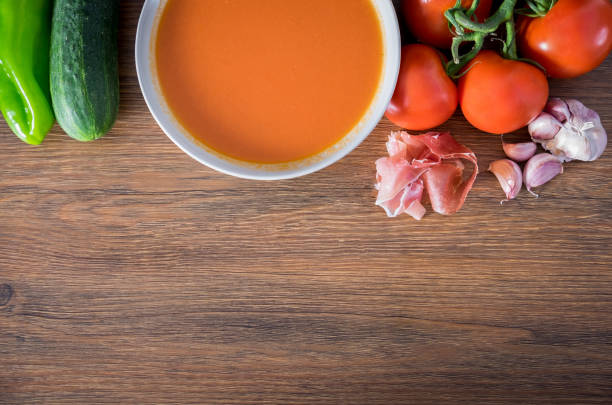 healthy and fresh gazpacho in a bowl to drink in summer - basil tomato soup food and drink imagens e fotografias de stock