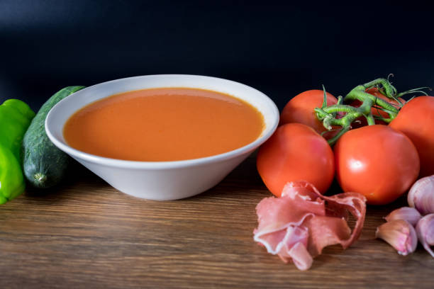 Healthy and fresh gazpacho in a bowl to drink in summer stock photo