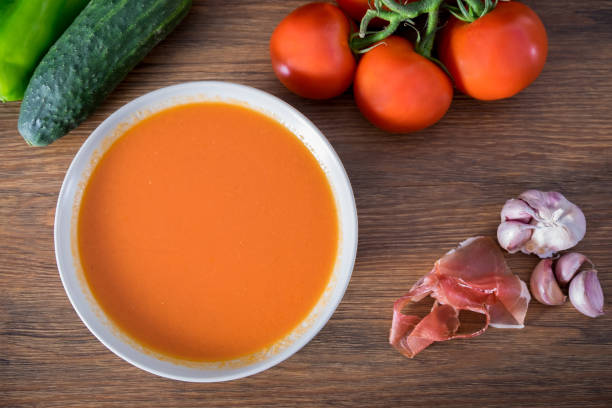 healthy and fresh gazpacho in a bowl to drink in summer - basil tomato soup food and drink imagens e fotografias de stock