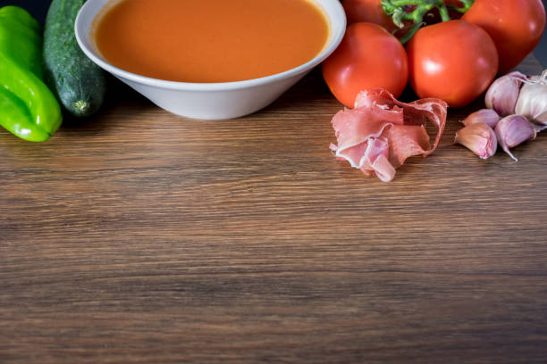 healthy and fresh gazpacho in a bowl to drink in summer - basil tomato soup food and drink imagens e fotografias de stock