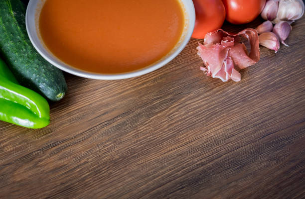 healthy and fresh gazpacho in a bowl to drink in summer - basil tomato soup food and drink imagens e fotografias de stock