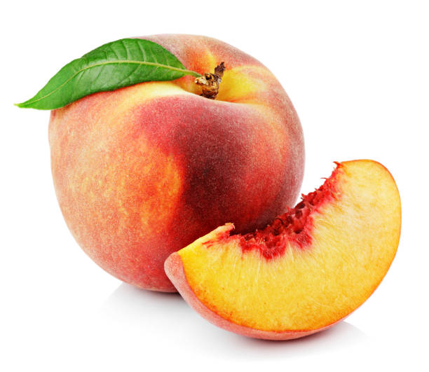 スライスと白で隔離葉桃 - ripe peach ストックフォトと画像