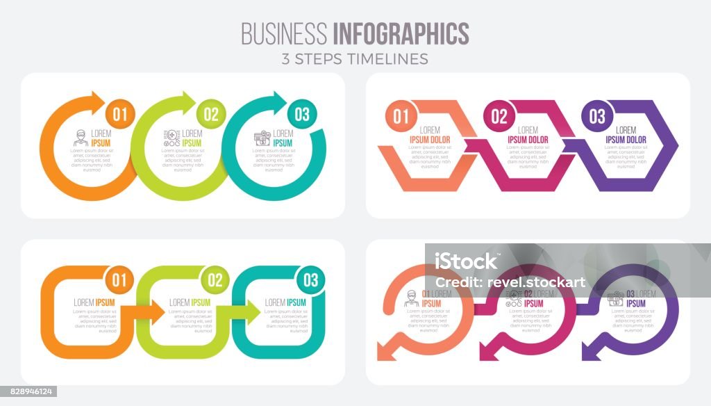 Vector 3 steps timeline infographic template with arrows Vector 3 steps timeline infographic template with arrows. Four illustrations set Three Objects stock vector