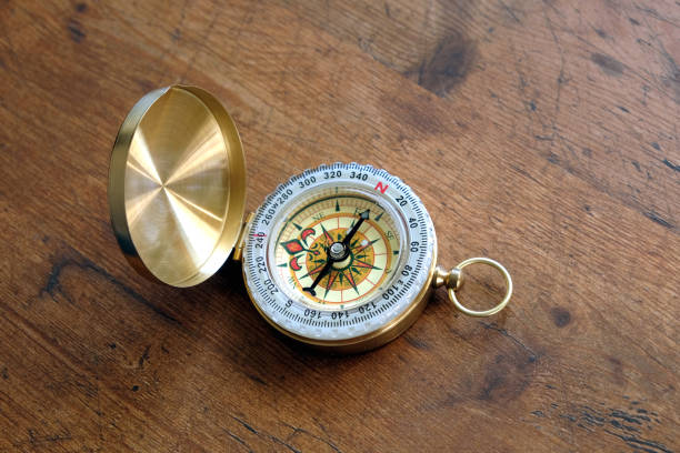 istock Old compass in brass case on vintage wooden background top view closeup 828946466