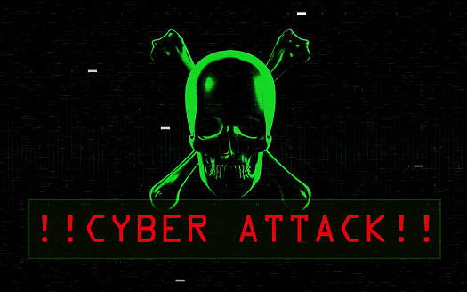 Cyber Attack writes on a green skull and black background. Cyber Crime Concept.