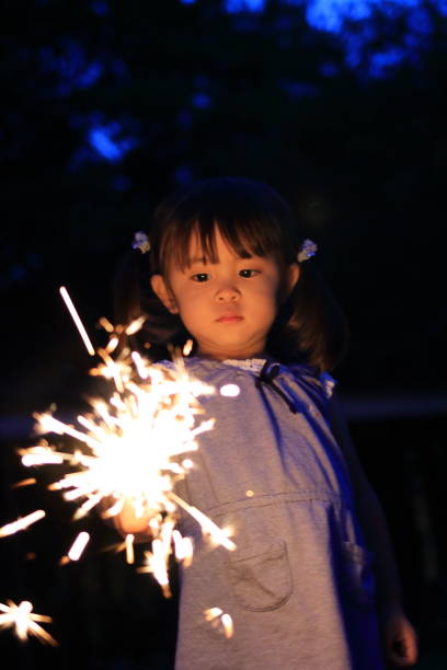 istock Japanese girl doing handheld fireworks (2 years old) 829000044