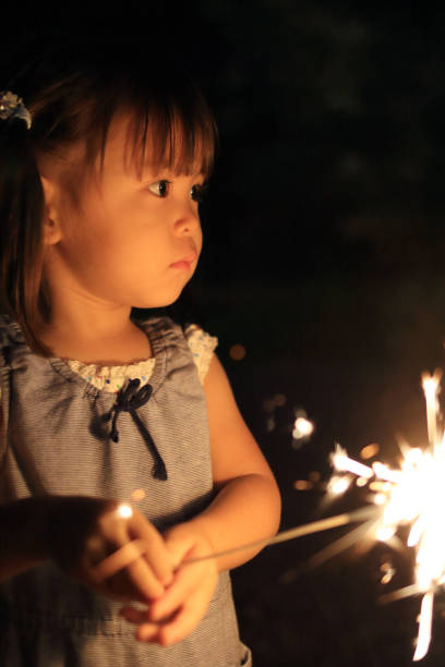 istock Japanese girl doing handheld fireworks (2 years old) 829000048