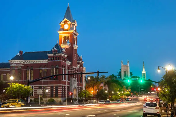 Photo of Downtown Wilmington, NC at night.