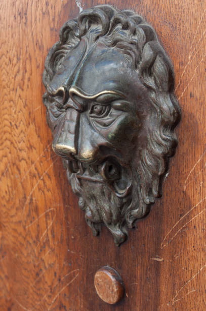löwe aus bronze auf holztür - door knocker door lion luxury stock-fotos und bilder