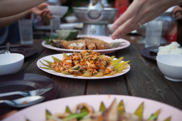 istock spicy salad shrimp on the table. 829039442