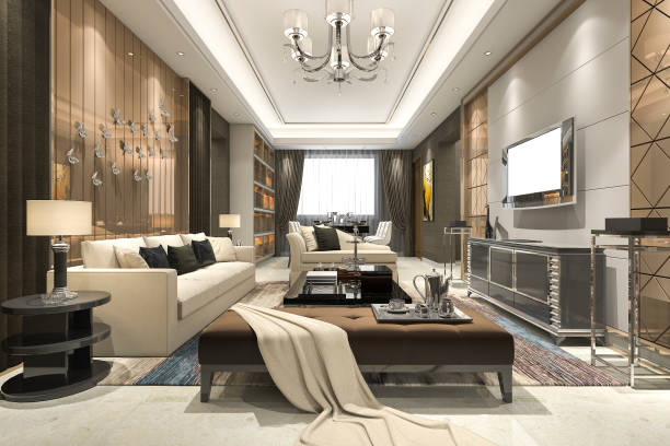 istock 3d rendering luxury and modern living room with chandelier 829100842
