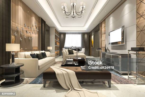 3d Rendering Luxury And Modern Living Room With Chandelier Stock Photo - Download Image Now