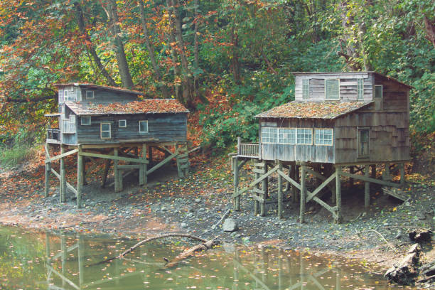 Historic squatters' stilt shacks at Maplewood Flats in North Vancouver, Canada.