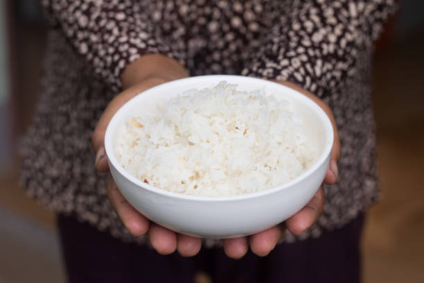 istock female's hand holding a bowl with cooked rice 829157724