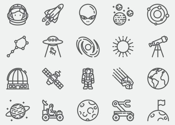 illustrazioni stock, clip art, cartoni animati e icone di tendenza di icone della linea di spazio - sistema solare immagine