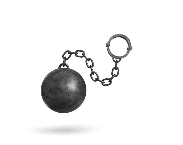 render 3d de una bola de hierro negro y cadena con un brazalete en fondo blanco - chain and ball fotografías e imágenes de stock