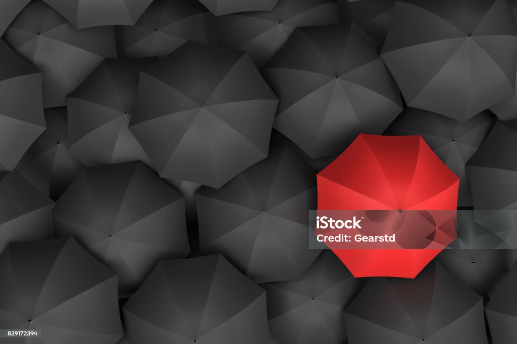 3d rendering of open bright red umbrella towering over an endless amount of similar black umbrellas 3d rendering of open bright red umbrella towering over an endless amount of similar black umbrellas. Unique outlook. Bright idea. Different opinion. Umbrella Stock Photo