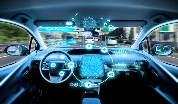 istock empty cockpit of vehicle. HUD(Head Up Display) and digital instruments panel, autonomous car 829191978