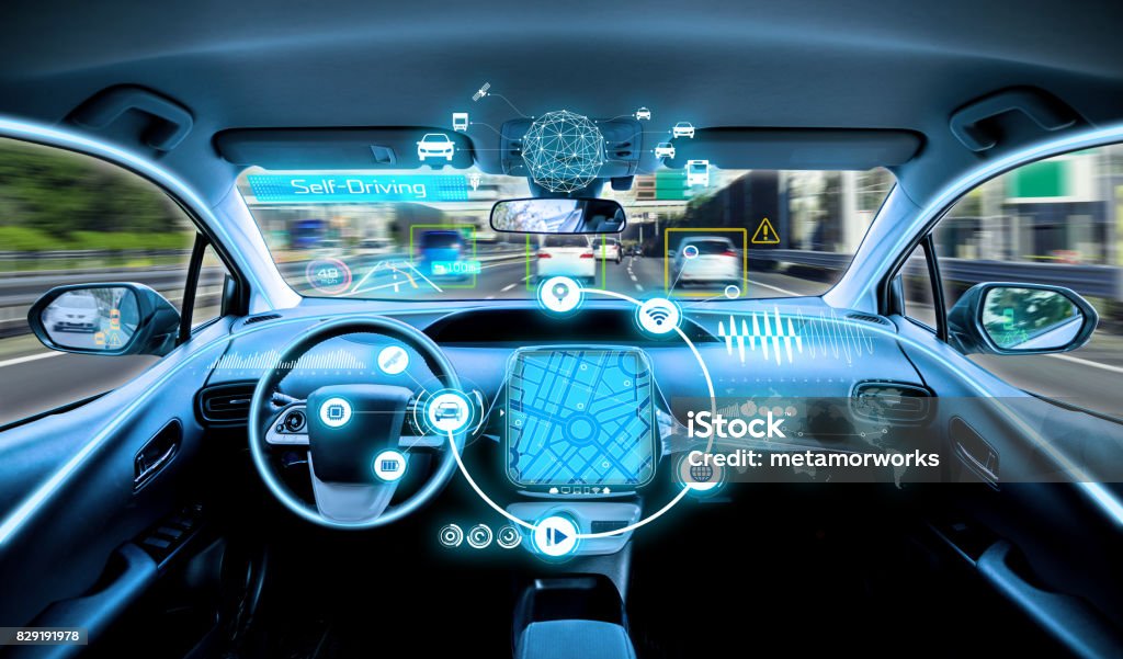 empty cockpit of vehicle. HUD(Head Up Display) and digital instruments panel, autonomous car Car Stock Photo
