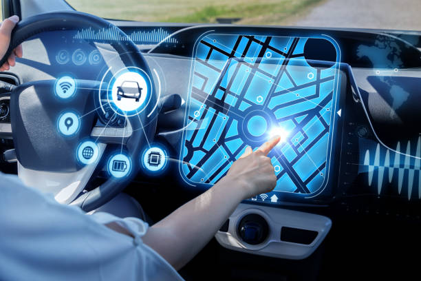 istock futuristic vehicle and graphical user interface(GUI). intelligent car. connected car. Internet of Things. Heads up display(HUD). 829192200