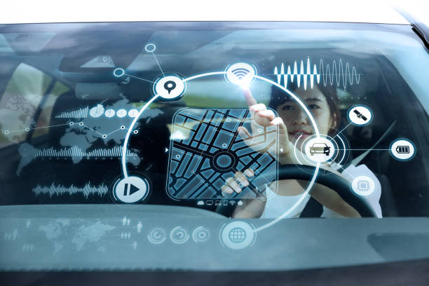 istock futuristic vehicle and graphical user interface(GUI). intelligent car. connected car. Internet of Things. Heads up display(HUD). 829192588