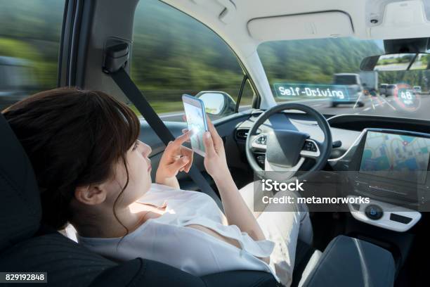 Woman Using Smart Phone In Autonomous Car Self Driving Vehicle Autopilot Automotive Technology Stock Photo - Download Image Now