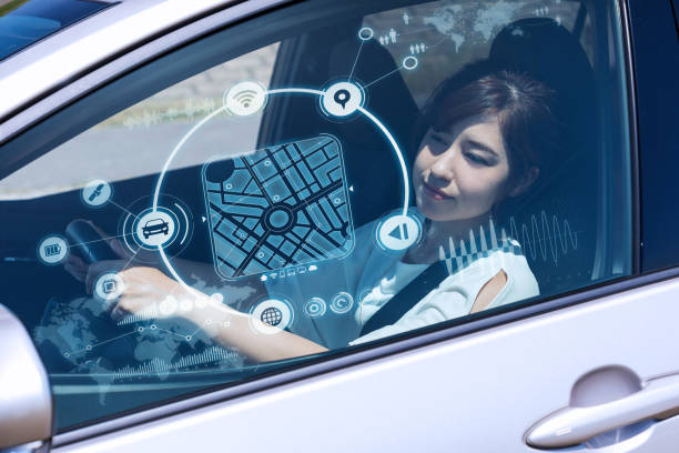 istock futuristic vehicle and graphical user interface(GUI). intelligent car. connected car. Internet of Things. Heads up display(HUD). 829195150