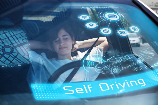 istock sleeping woman in autonomous car. Driverless car. Self-Driving car. UGV (unmanned ground vehicle). 829195214