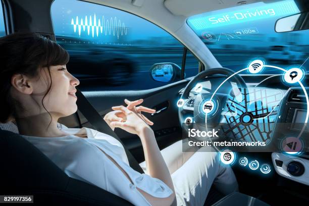 Relaxed Woman In Autonomous Car Self Driving Vehicle Autopilot Automotive Technology Stock Photo - Download Image Now