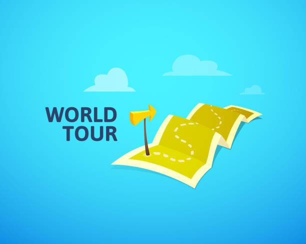 World tour concept symbol, long route in travel map with guide marker World tour concept symbol, long route in travel map with guide marker, vector illustration hiking sign stock illustrations
