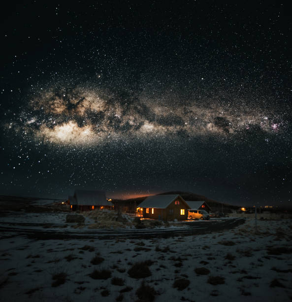 village in iceland under the milky way galaxy