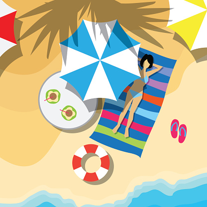 top view of summer vacation with beach items and wave. vector illustration