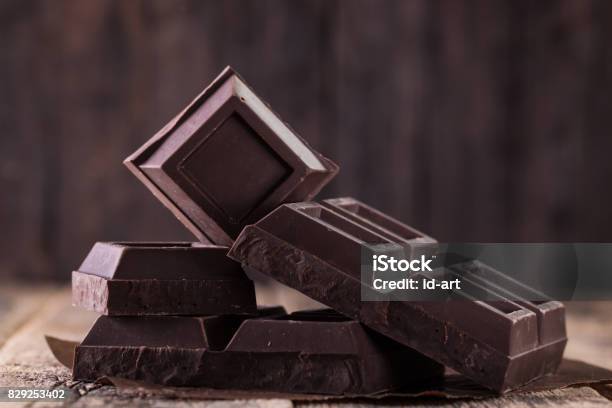 Dark Chocolate Stack On Wooden Tablechocolate Concept Background Stock Photo - Download Image Now