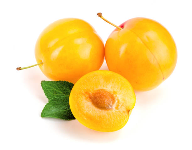 istock Yellow plum with leaves isolated on white background 829253478
