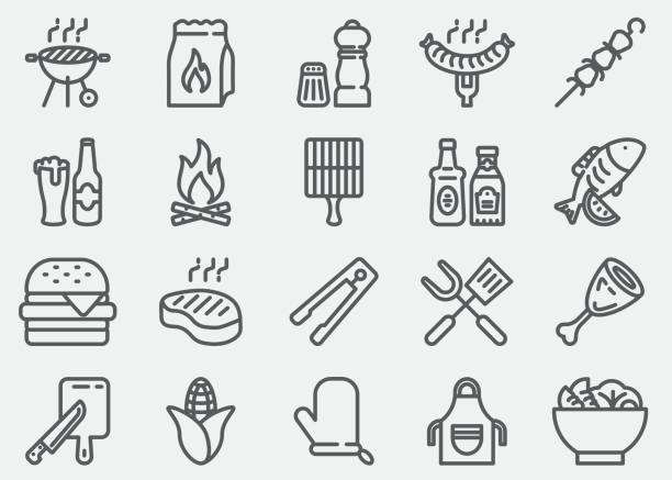 ilustraciones, imágenes clip art, dibujos animados e iconos de stock de barbacoa barbacoa parrilla línea iconos - steak meat barbecue vector