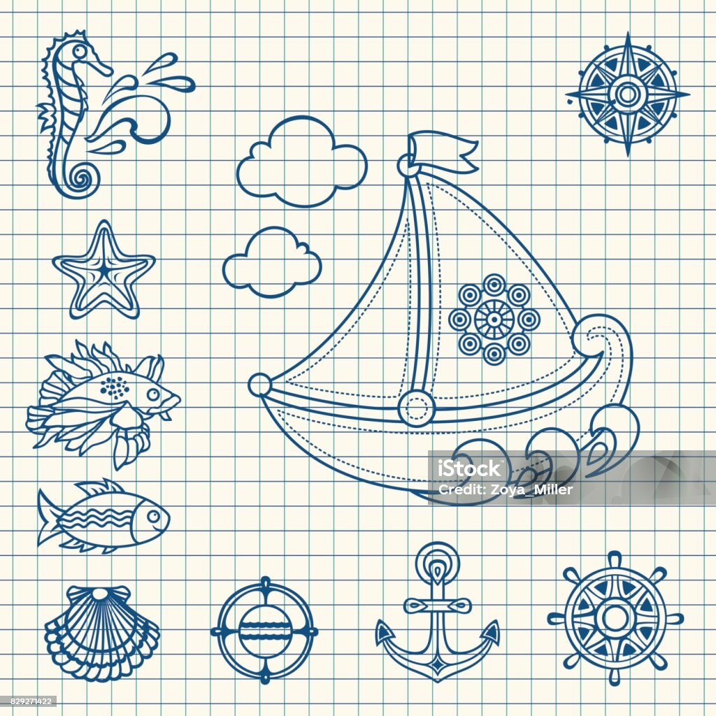 Sea set. Sea and nautical decorations. Sea set. Sea and nautical decorations. Isolated on white background. Marine set. Animal stock vector
