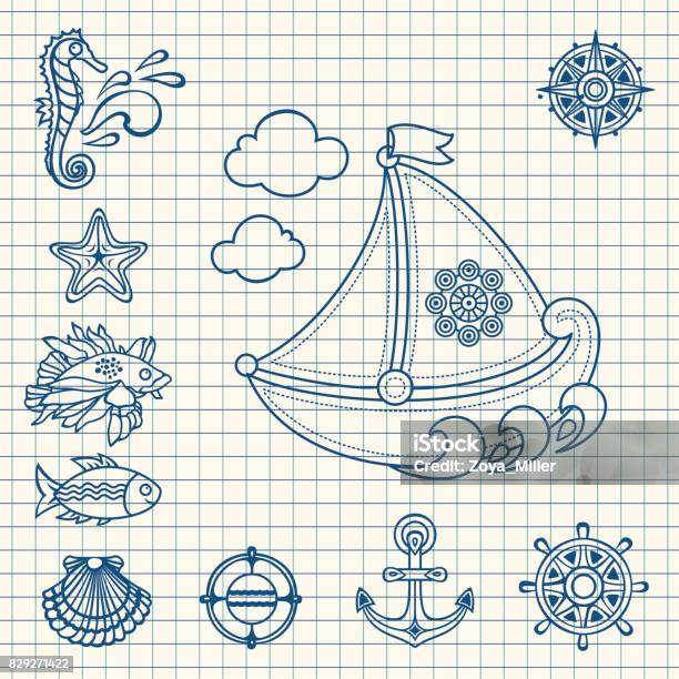Sea Set Sea And Nautical Decorations Stock Illustration - Download Image Now - Animal, Aquarium, Backgrounds