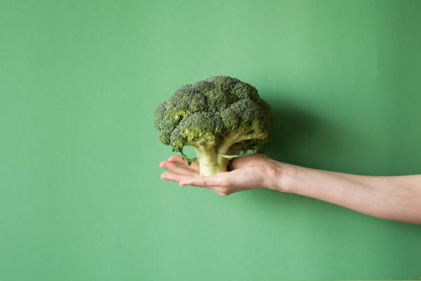 surowe brokuły w ręku. wegeteryjska koncepcja żywności lub diety. - vegeterian food zdjęcia i obrazy z banku zdjęć